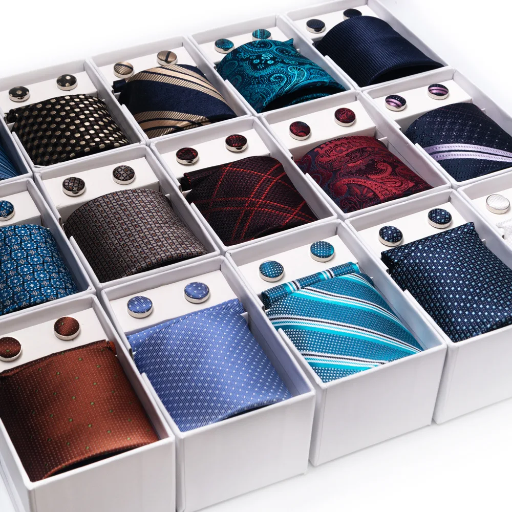 

New Tie Set Gift Box for Men Solid Floral Striped Jacquard Polyester Necktie Pocket Square Cufflinks Handkerchief Gifts