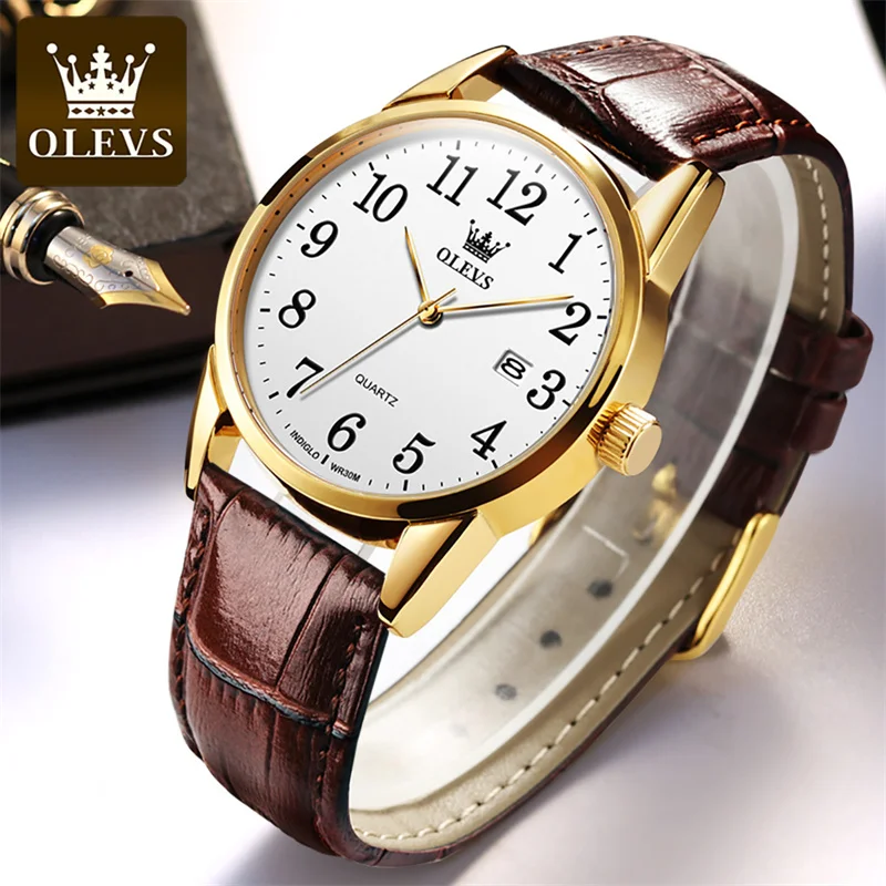 OLEVS Simple Lovers Watch Fashion Waterproof Leather Calendar Casual  Couple Quartz Watches for Men Women Elegant Clock Date