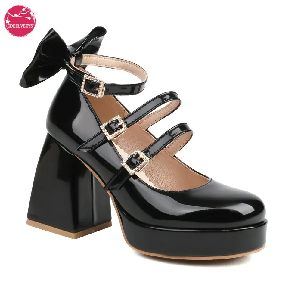 Women's Kawaii Platform Ankle Strap Chunky Heel Mary Jane Pumps Cute Closed Toe Goth Double Buckle Strappy Bow Party Dress Shoes