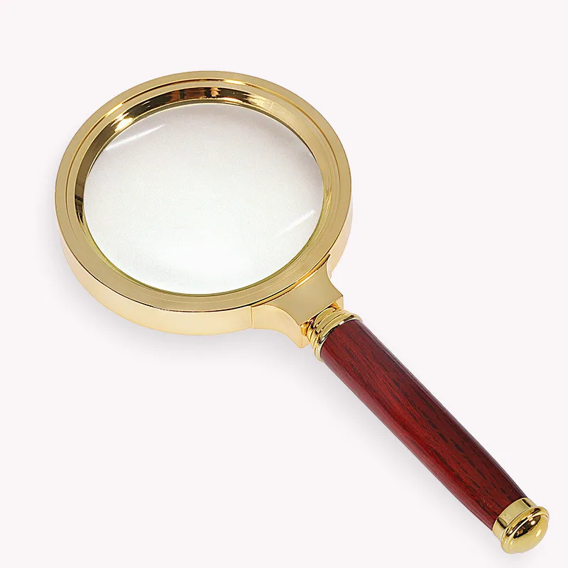 

Portable Handheld Magnifier Pocket Magnifying Glass Golden Metal Frame Red Wood Handle Reading Loupe