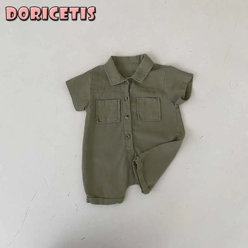 

Newborn Baby Romper Breathable Cotton Linen Lightweight Tooling Style Kids Summer Go Out Solid Color Short Sleeve Jumpsuit New