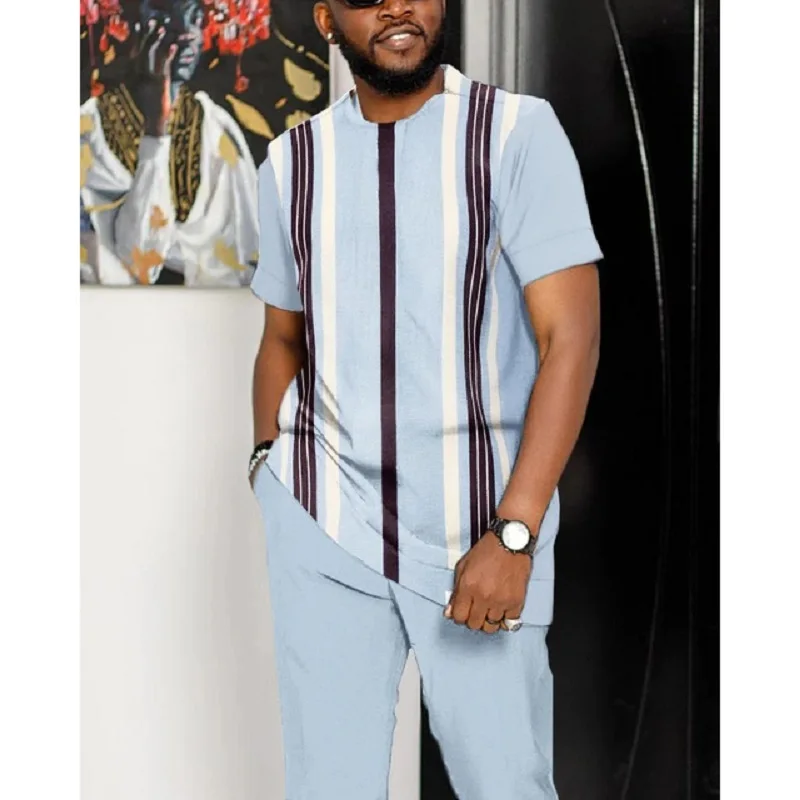 Summer Trousers Men Set Tracksuit Blue Striped Short Sleeve T Shirt Long Pants 2 Piece Fashion Sport Suit Casual Streetwear