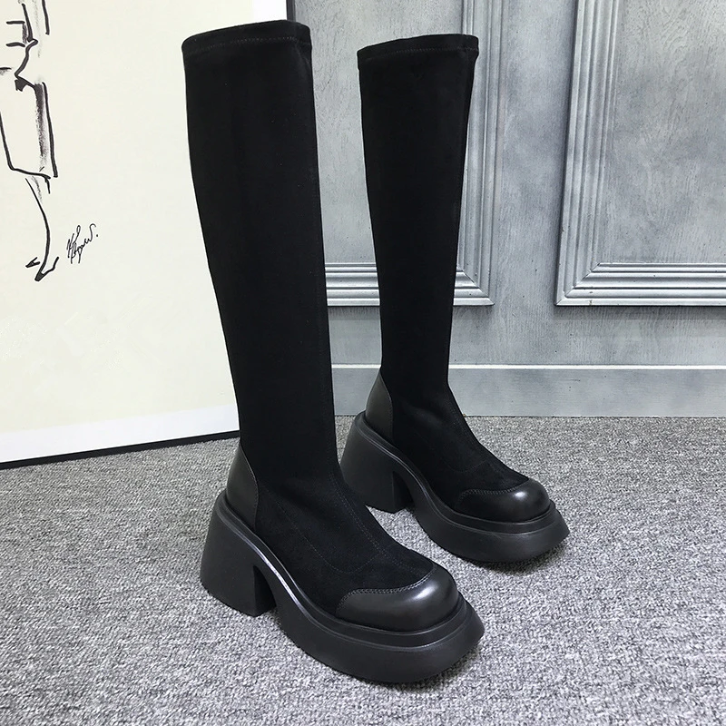 Faux Suede Knee High Platform Boots Women Sexy Thick Mid Heels Shoes Autumn Winter Fashion Designer Round Toe Punk Long Botas