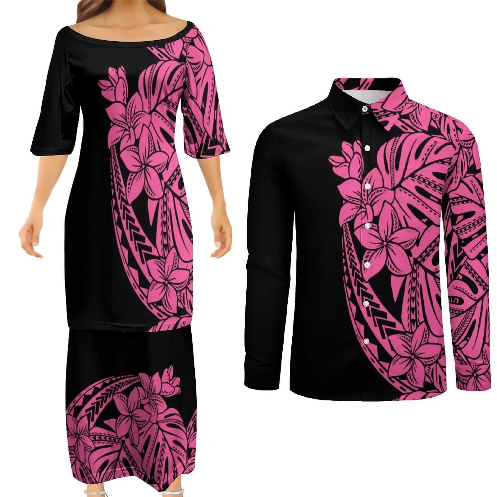 7XL Samoan Puletasi Shirt And Skirt Set Ie Faitaga Plus Size Puletasi Two Piece With Shirt Couples Matching