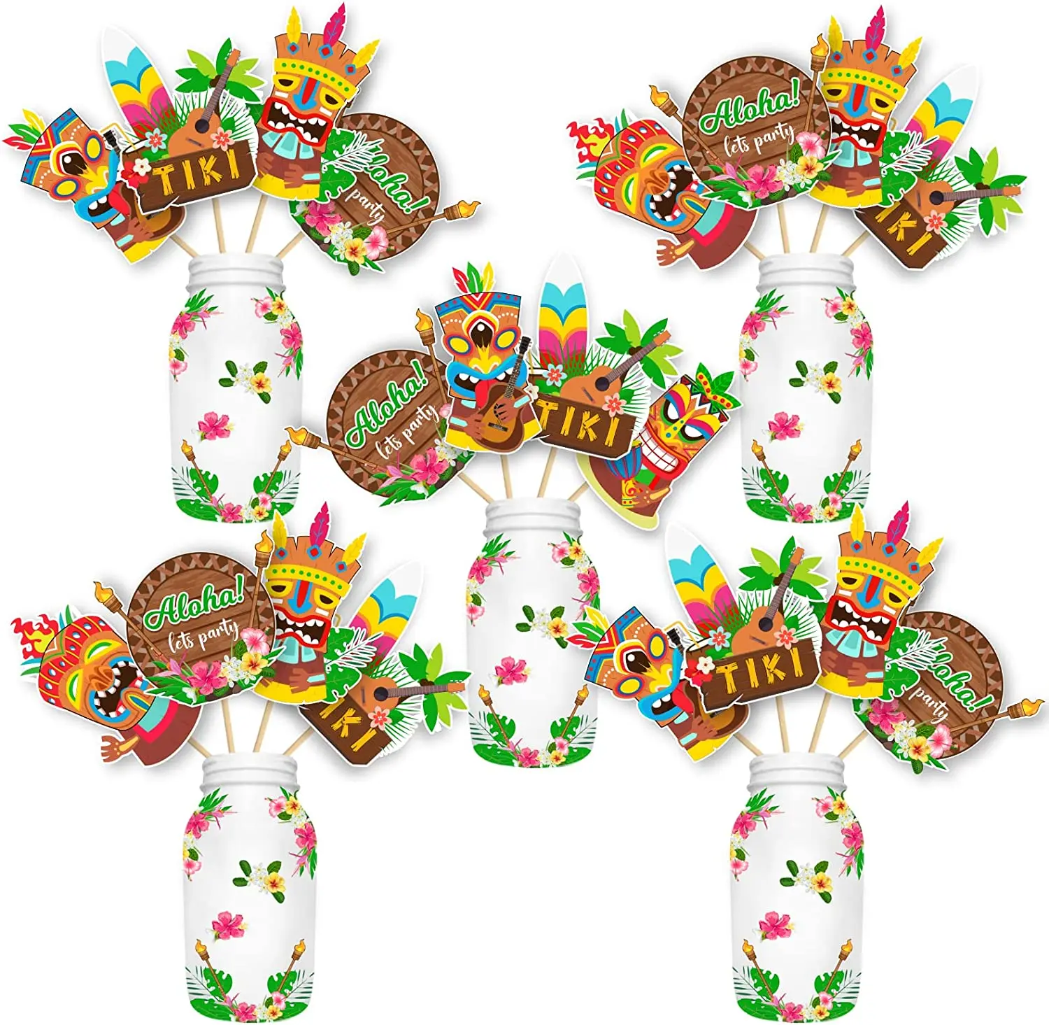 

24PCS TIKI Party Table Toppers Summer Tropical Tiki Luau Party Centerpiece Sticks TIKI Party Decorations Photo Booth Props