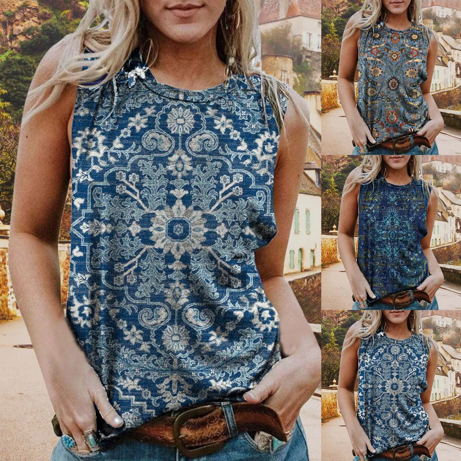 

Компрессионная рубашка для женщин, повседневные рубашки с ацтекским принтом и круглым вырезом, жилет без рукавов, топы, свободные Сращенные...