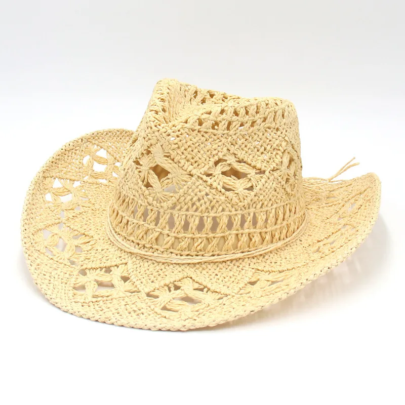 

Fashion Hollowed Handmade Cowboy Straw Hat Women Men Summer Outdoor Travel Beach Hats Unisex Solid Western Sunshade Cap Block