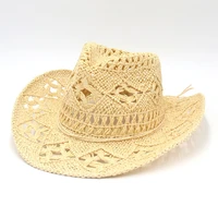 fashion hollowed handmade cowboy straw hat women men summer outdoor travel beach hats unisex solid western sunshade cap block