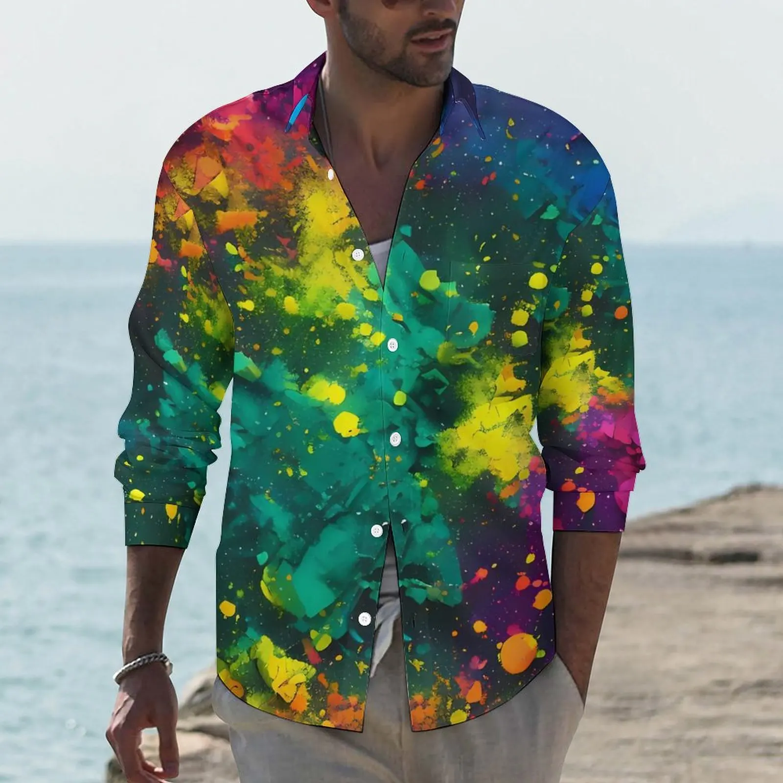 

Abstract Splatter Shirt Galaxy Art Print Casual Shirts Long Sleeve Pattern Y2K Blouses Autumn Retro Oversized Clothing