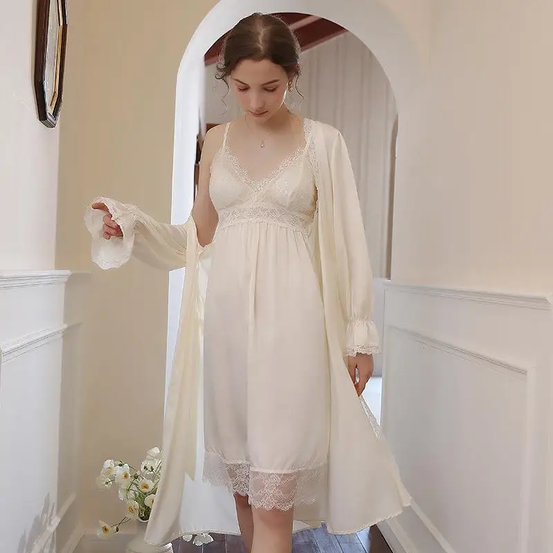 

New French Court Pajamas Women Long Mesh Hollow Out Suspender Nightdress Spring Suit Home Clothes Solid Robe and Nightgown Sets