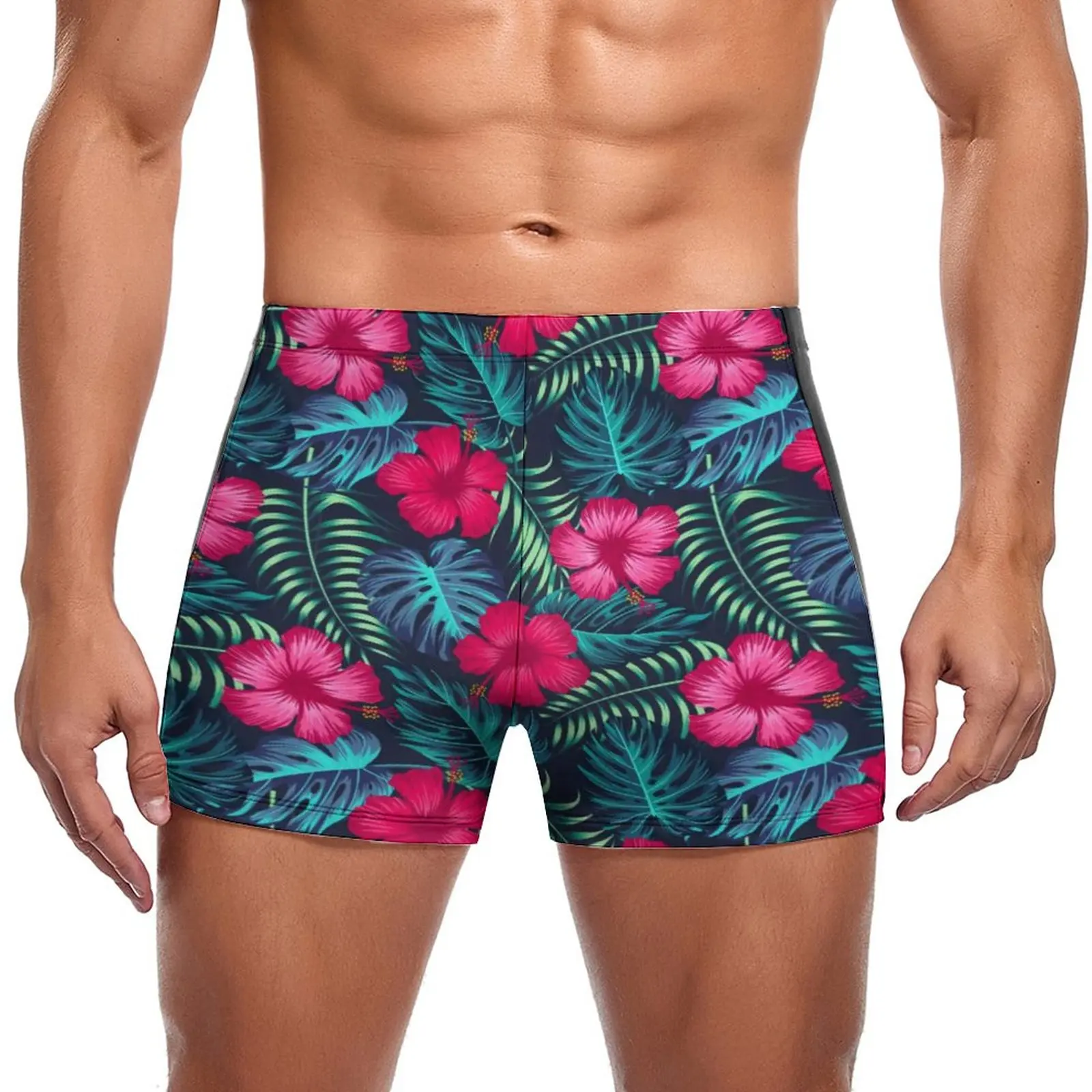 

Tropical Palm Leaves Swimming Trunks Floral Hibiscus Flowers Quick Dry Custom Swim Boxers Push Up Pool Man Swimwear