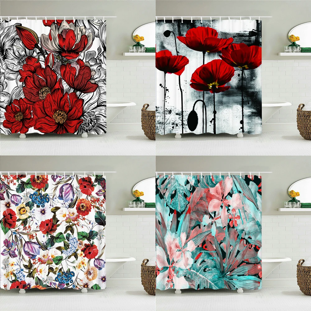 

Colorful Tulip Flowers Trees Shower Curtain Bathroom Curtains Nature Flower Waterproof Polyeste Fabric Bathtub Decor with Hooks
