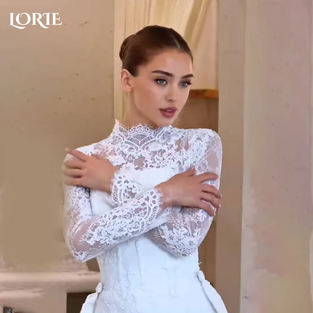 Фото Винтажное кружевное свадебное платье LORIE, А-силуэт, с аппликациями, высоким воротником, цветами, элегантное свадебное платье принцессы с аппликациями, на заказ №1