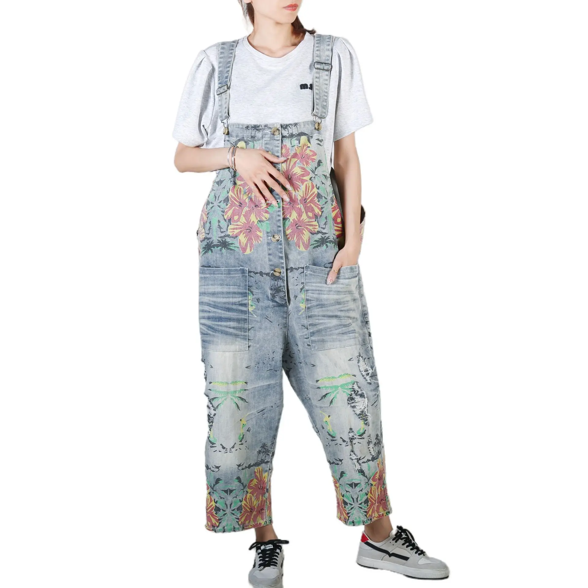 

Denim Jumpsuits Women Ripped Jeans Oversize Scratched Bib Wide Leg Overalls Blue Baggy Rompers Japan Harajuku Printed Pants