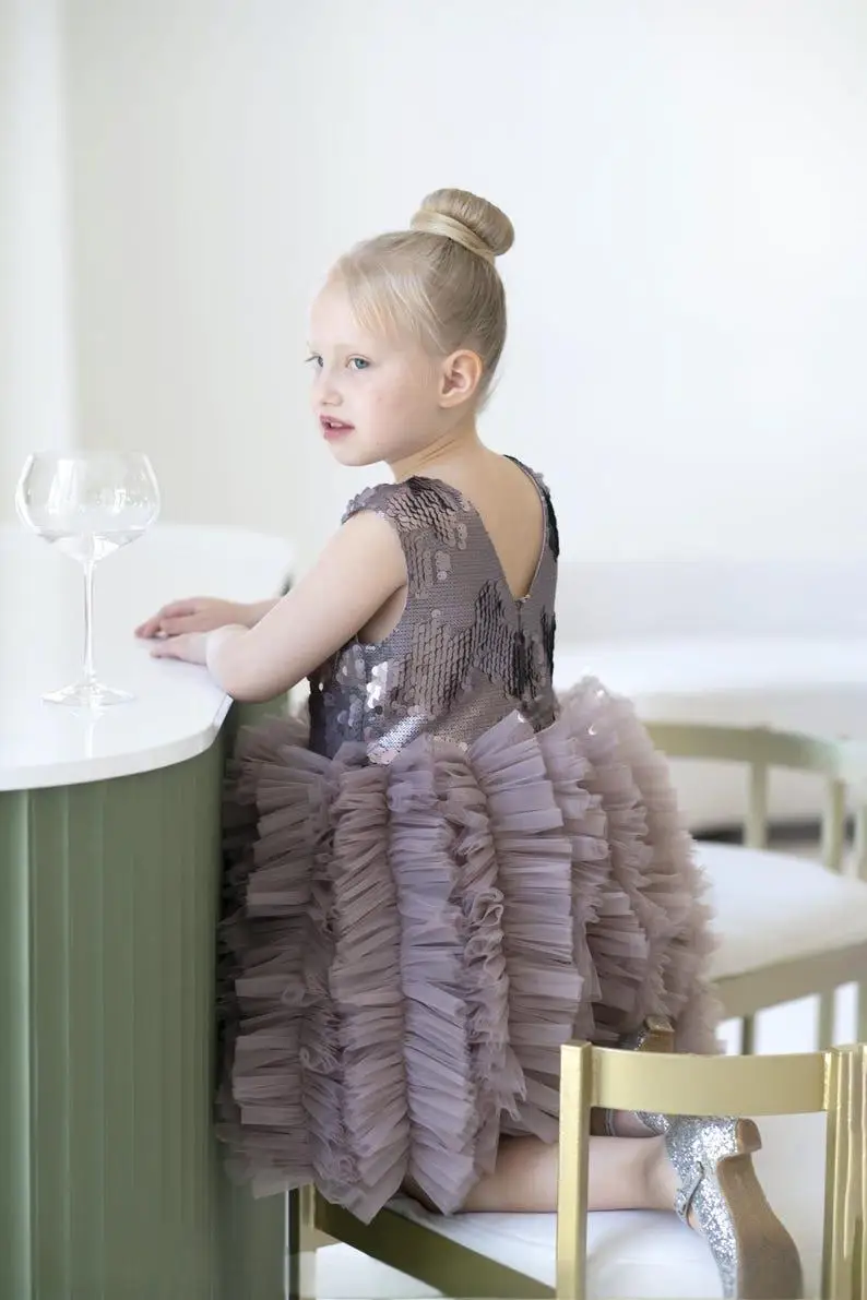Chocolate Shine Pageant Sequin Outfit Babygirl Birthday Dress Special Occasion Girls Prom Gown Princess Party Tulle Skirt