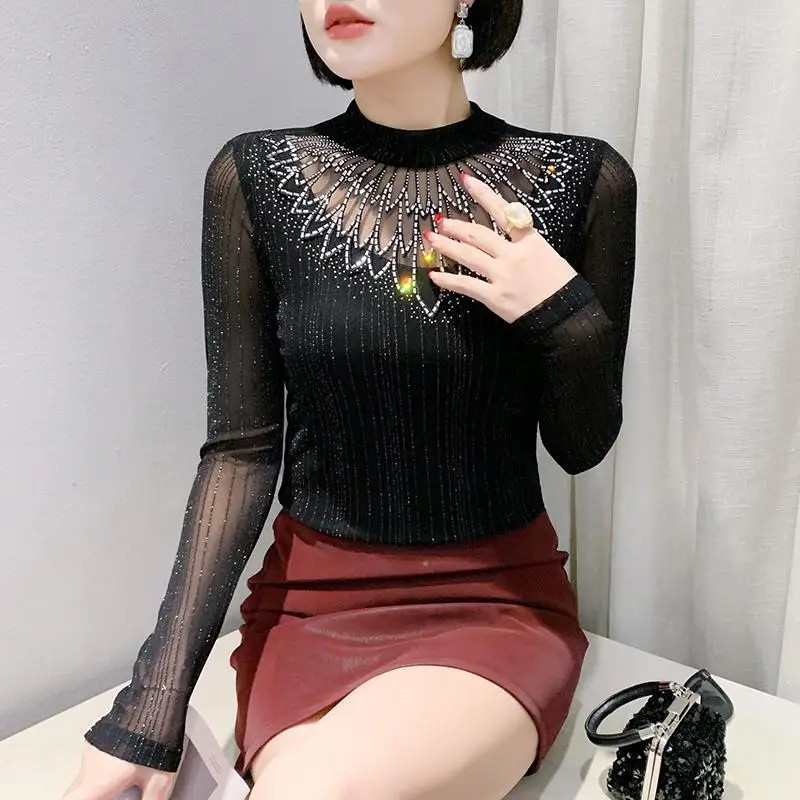 # 7568 сетчатая футболка женская с бриллиантами ажурная сексуальная плотная