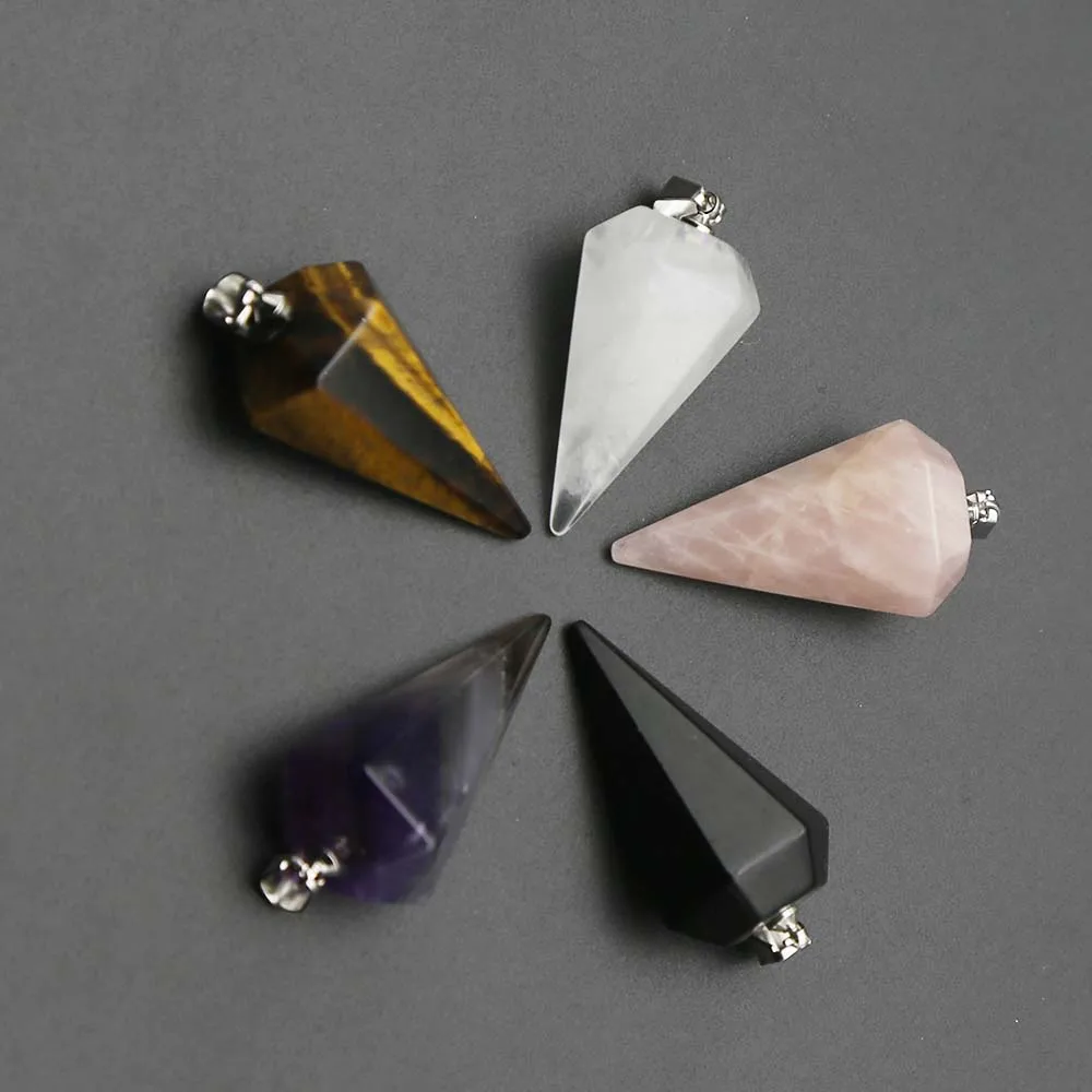 

Natural Stone Amethyst Necklaces Hexagon Cone Section Crystal Pendants Agate Key Chain Spirit Pendulums Artifact Wholesale /5Pcs