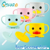 qshare baby silicone feeding cups kids learning drinking straw mugs portable drinkware toddlers water cups with lid handle