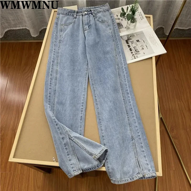 

Women High Waisted Blue Split Jeans Female Korean Fashion Summer Autumn Pants Woman Loose Trendy Stylish All-match BF Denim New