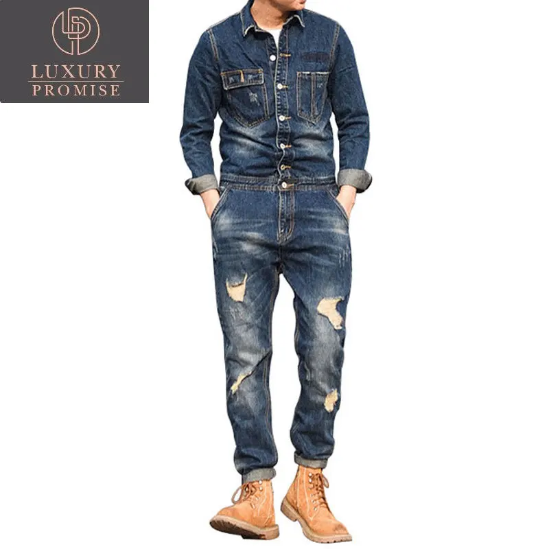 2023 Spring Jeans Overalls Men Denim Jumpsuits Lapel Long Sleeve Fashion Hole Ripped Cargo Pants Casual Fit Blue Cowboy Trousers