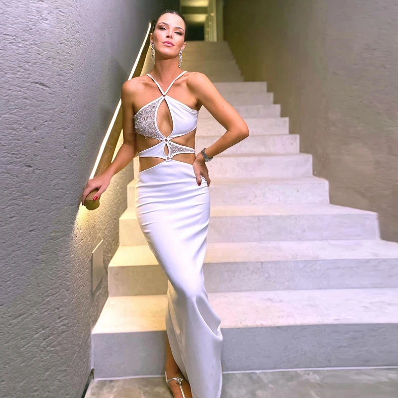 

Sexy Backless White Satin Evening Dresses Halter Beaded Mermaid Prom Dress Custom Made Splicing Sleeveless Long Formal Party Gow
