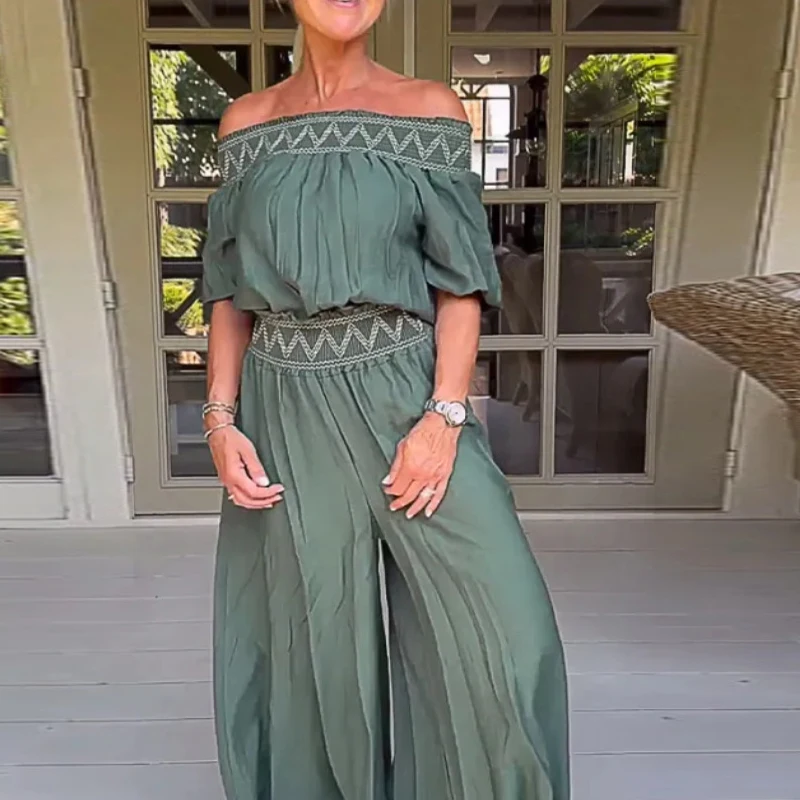 

Women's Vintage Elastic Waist Wide Leg Playsuits Summer Casual Short Sleeve Rompers Sexy Off Shoulder Printed Patchwork Jumpsuit