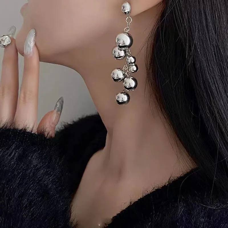 Kimitoshi Exaggerated Fashion Silver Ball Stud Earrings Llong Tassel Earrings