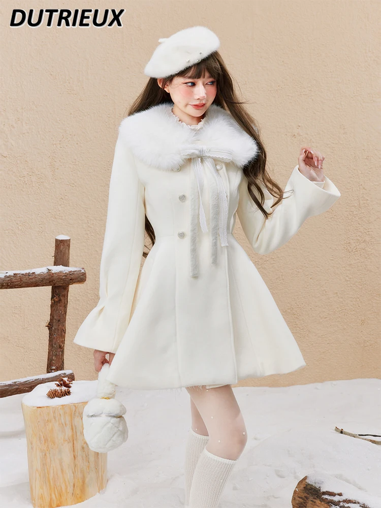 Осенне-зимнее новое шерстяное пальто с меховым воротником на талии милое