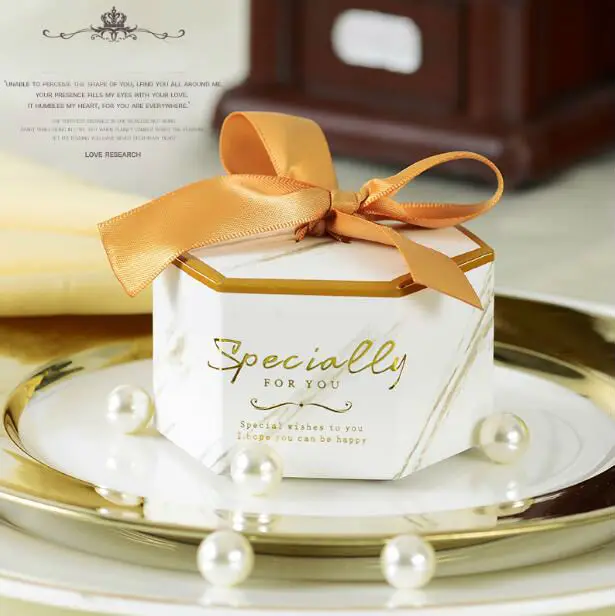 

100pcs White Marble "Specially For You" Hexagonal Wedding Favors Candy Boxes Party Paper Gift Box Chocolate Box