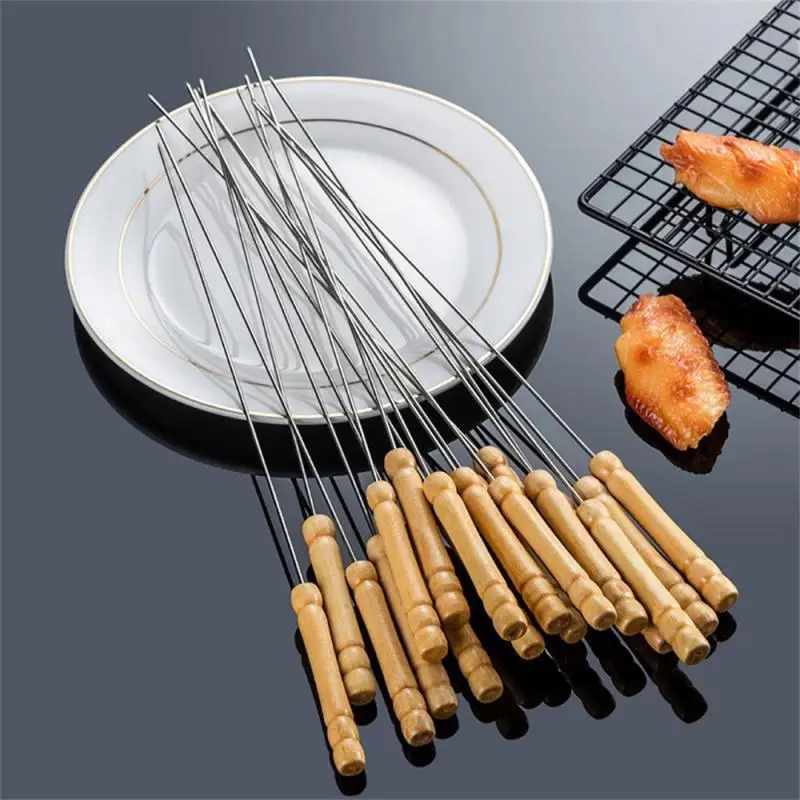

10PCS Barbecue Skewers Set Wooden Handle Barbecue Sign Anti-scalding BBQ Needle Grill Forks For Outdoor Camping Picnic Grilling