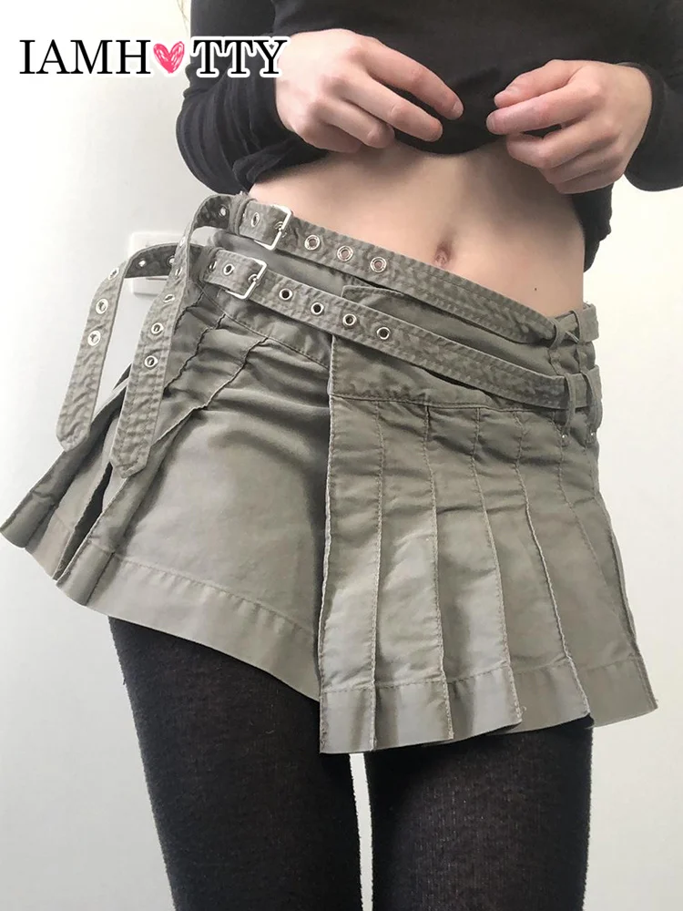 

IAMHOTTY Double Sashes Patchwork Pleated Skirt Fairycore Grunge A-line High Waist Mini Cargo Skirts Dark Academia Clothing Retro