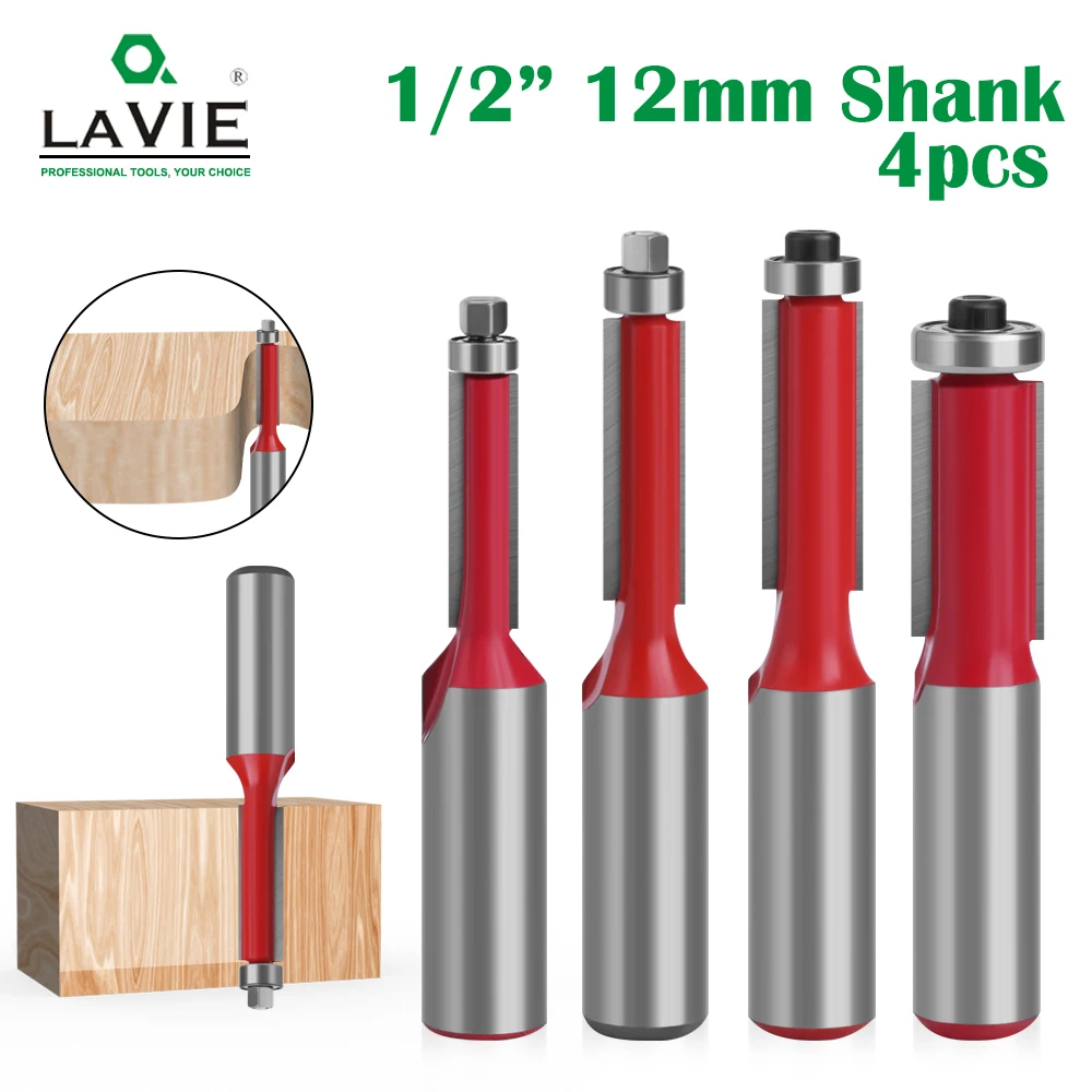 

LAVIE 4pcs 1/2" End Dual Flutes Ball Bearing Flush Router Bit Straight Shank Trim Wood Milling Cutters for Woodworking