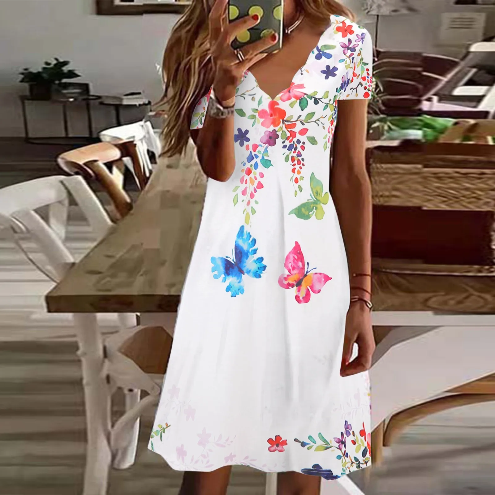 

Blue Dress Mother of The Bride Womens Casual Floral Short Sleeve V Neck Flowy Flowing A Line Midi Bride Dresses