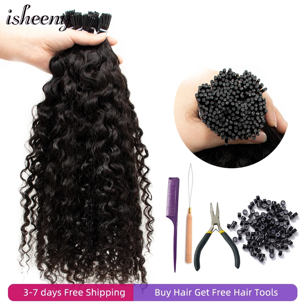 Isheeny-extensiones de cabello humano rizado para mujeres negras, cabello virgen Natural a granel, Microlink, ONDA DE AGUA, 12 