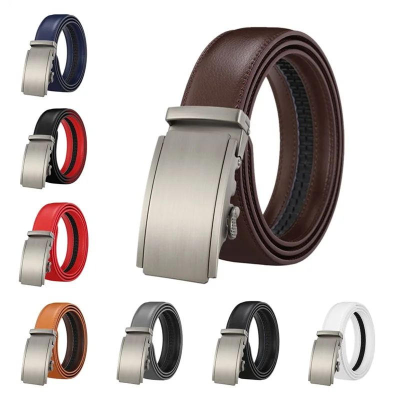 

White Formal Men's Belt Genuine Leather with Metal Buckle Automatic Buckle Red Cowhide 130cm