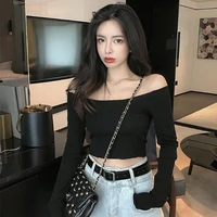 slim fit curled solid color short shoulder binding jacket skinny cropped long sleeve t shirt womens autumn 2022 new