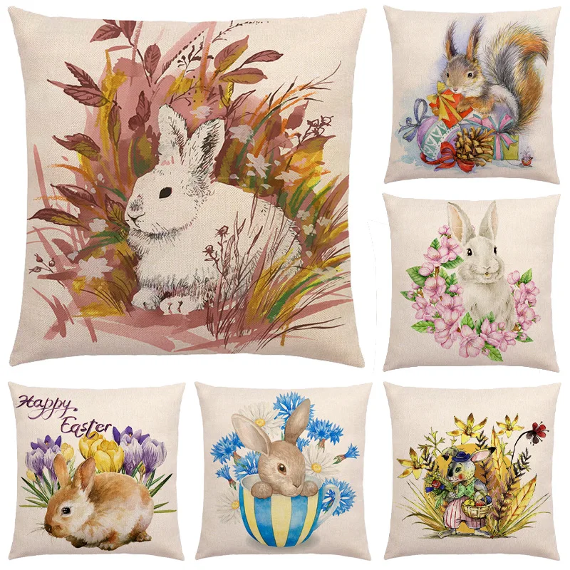

45CM Linen Happy Easter Egg Bunny Rabbit Garland Floral Sofa Print Cushion Case Livingroom Couch Decorative Throw Pillows New
