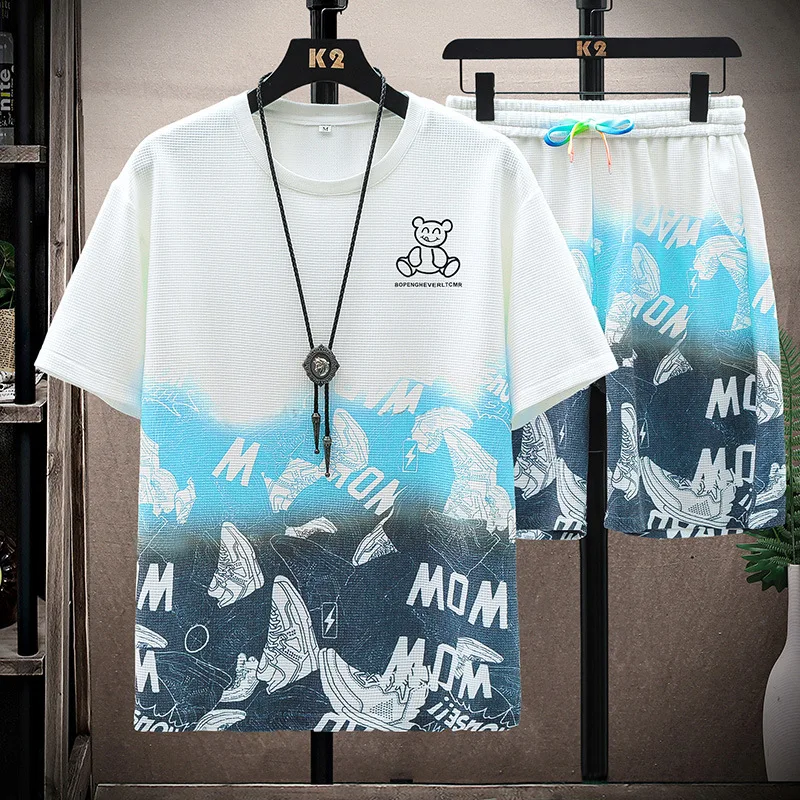 High End Waffle Casual Sports Set Men's Summer Short Sleeve Shorts Men's Clothing Men's Set Comfortable and Breathable