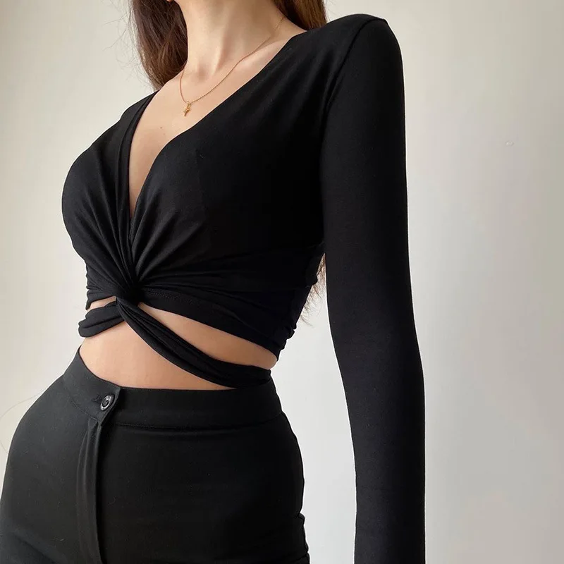 

Autumn Long Sleeve T shirts Y2K Sexy V-Neck Cropped T shirts Slim High Waist Tee Shirt Femme Bandage Vintage T shirt Streetwear