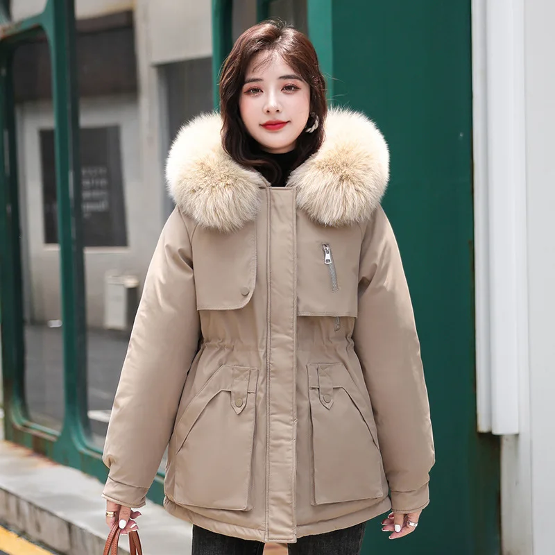 

Winter New Women Parka Coats Fashion Design Slim Fit Warm Down Jacket Plus Fleece Collar Black Mid-length Coat Female Clothing