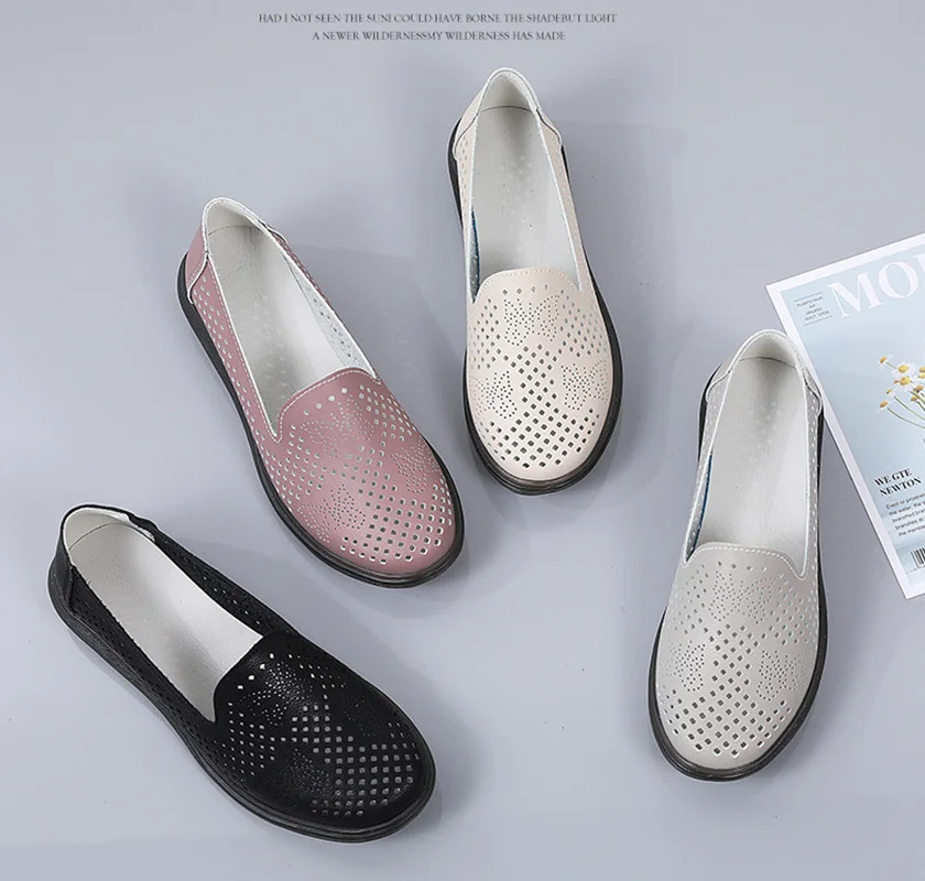 Summer Shoes Woman Leather Breathable Ladies Flat Shoes Casual Loafers Slip On Women's Flats Shoes Female Hollow Holes Shoes