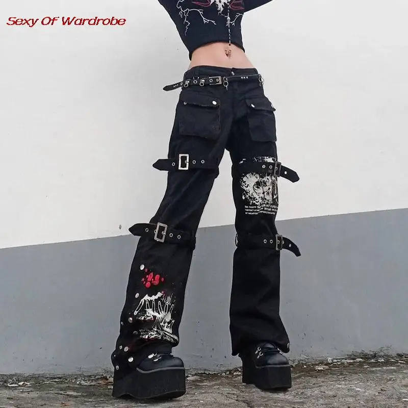 

Street Punk Style Printed Metal Button Jeans Spicy Girl Spring Autumn New Fashion Cool Tide Loose Straight Pants Wide Leg Pants