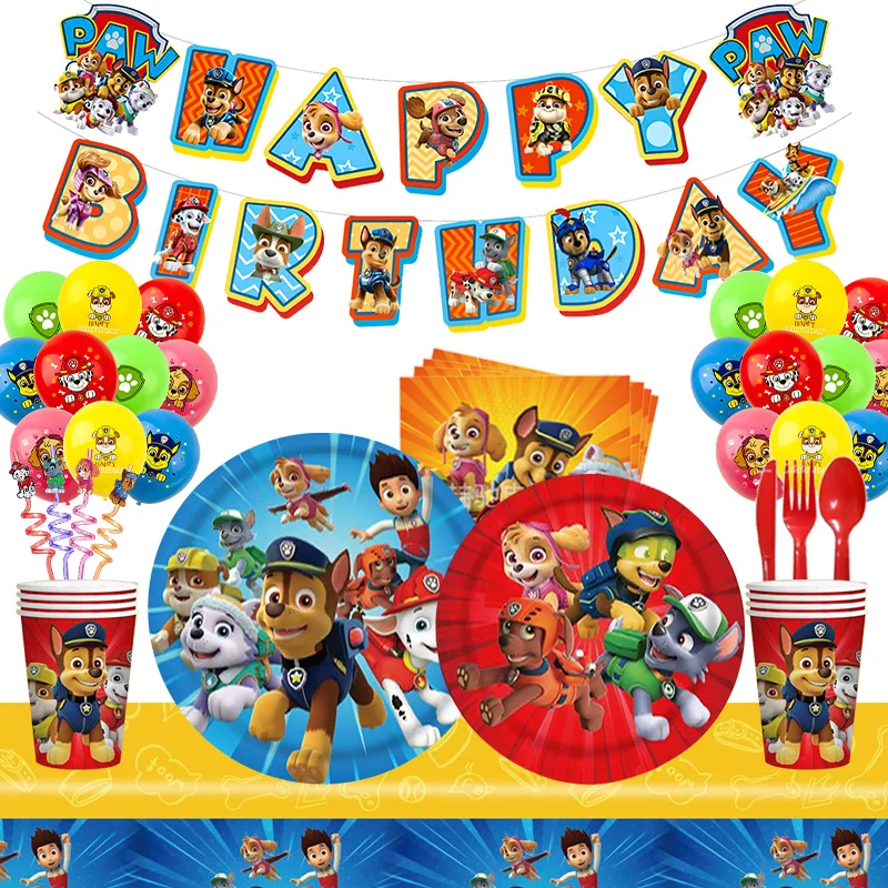 Paw Patrol Birthday Decoration Balloon Kit Tableware Cups Plates Napkin Tablecloth Banner Background Glasses Boy Party Supplies