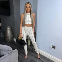 print white tracksuit women lounge wear sleeveless tank crop top slit flare pants club suits outfits streetwear sport clothing