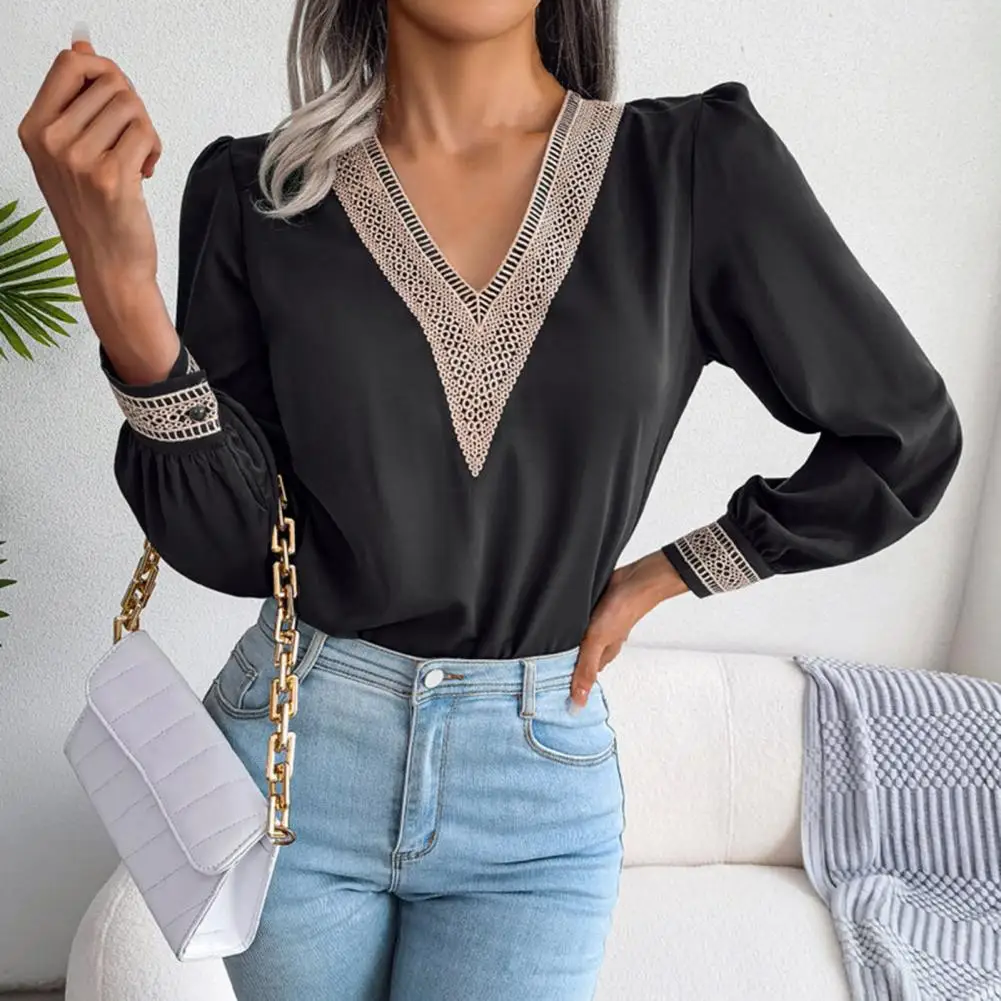 

Shirt Top Wide Cuffs Breathable Lightweight Spring Autumn Lace Decor Casual Loose Top Pullover Top Female Clothing