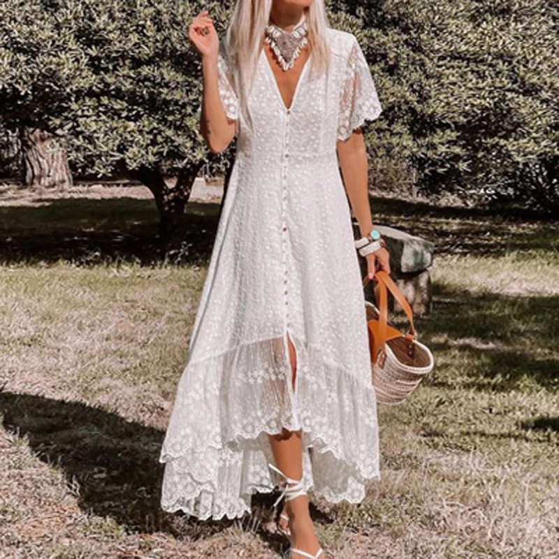 

Sexy V Neck Button Embroidery Lace Dress Women Spring Single Breasted Button Irregular Dress Summer Short Sleeve Slit Long Dress