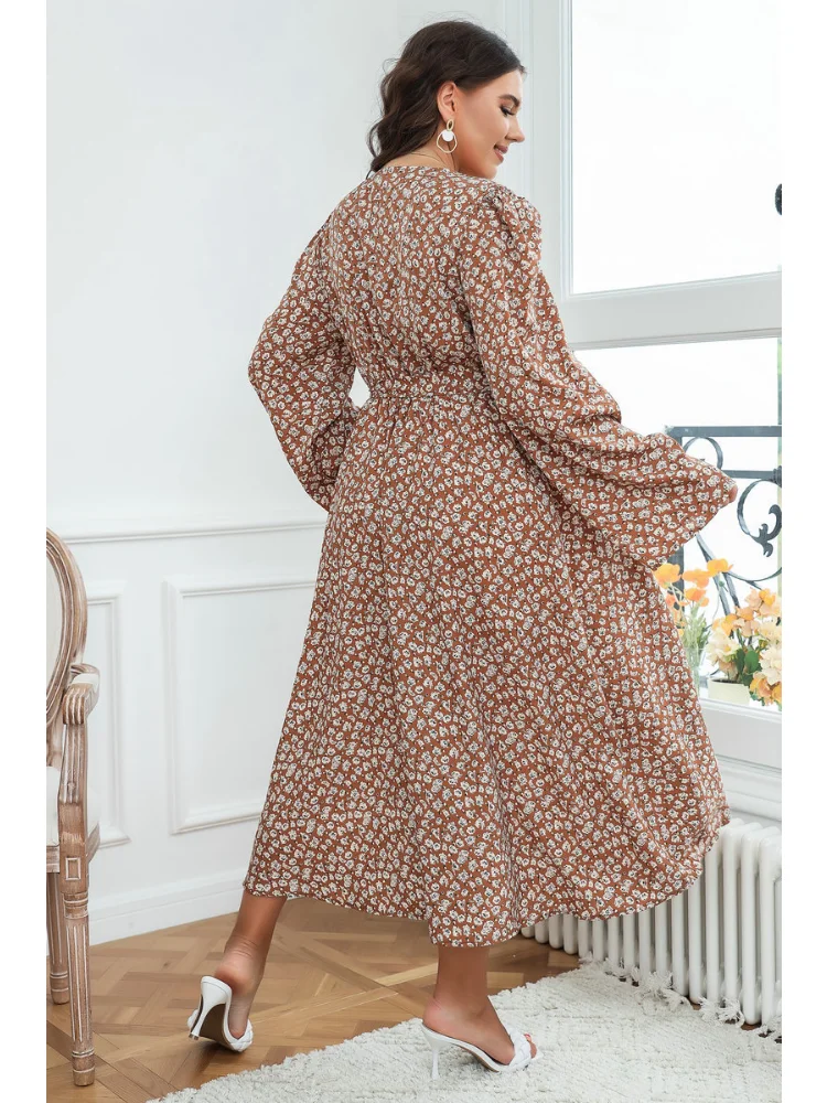 Summer New Large Fashion Foreigner Long Sleeve Skirt Slim Fragmented Flower Dress plus size dresses party dresses