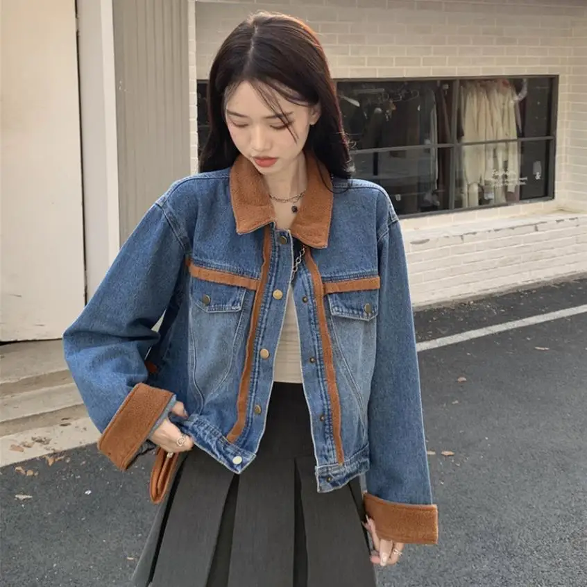 2022 Winter new Faux lambswool liner denim jacket Women fashion color contrast lapel loose Jacket 2 pcs sets female coat Y3279