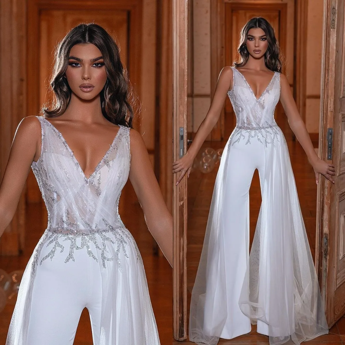 

White Jumpsuits Prom Dresses With Detachable Train V Neck Beading Evening Dress Photo Shoot Dress