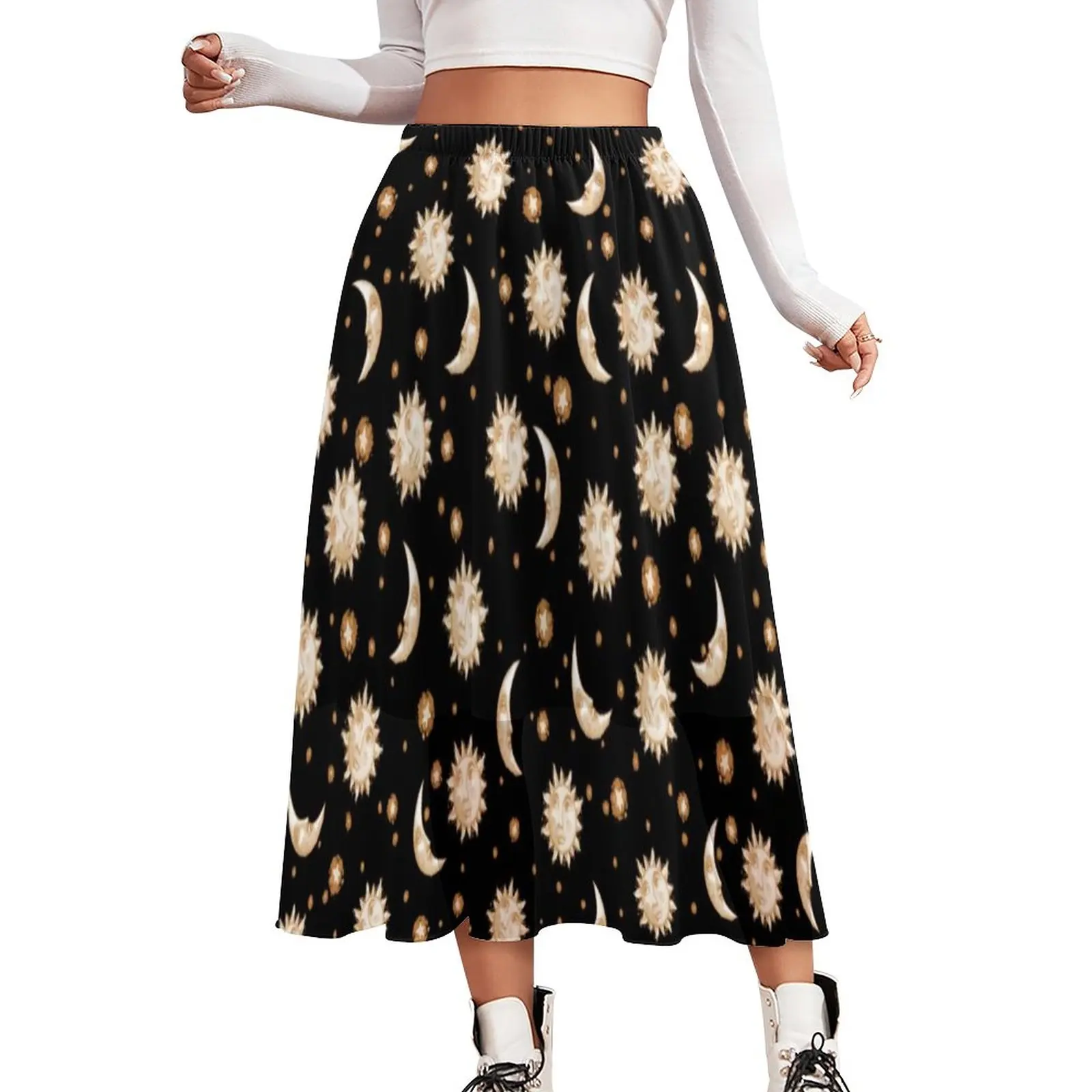 

Retro Celestial Sun Skirt Womens Moon Gold Black Print Elegant Boho Skirts Casual High Waist Street Wear A-line Skirt Big Size